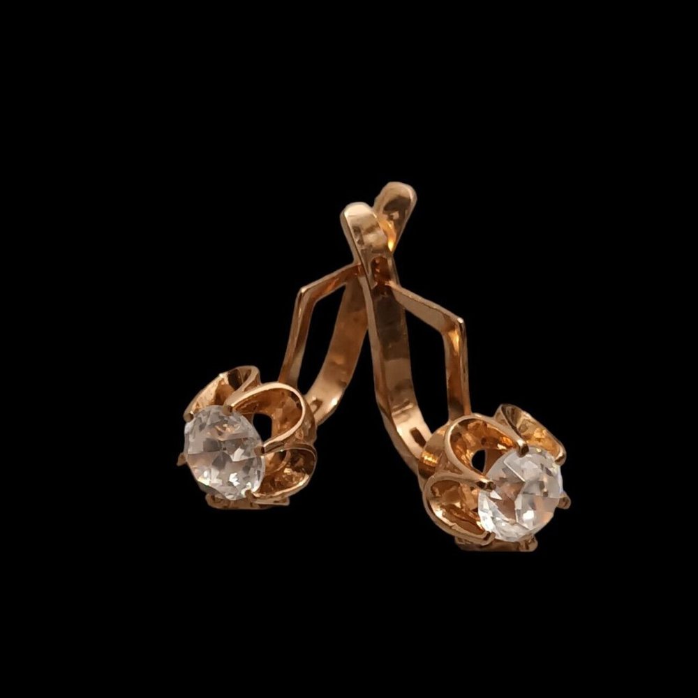 USSR Vintage Original Natural Rock Crystal Rose Gold Earrings 583 14K